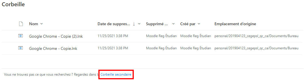 Accéder à la corbeille secondaire