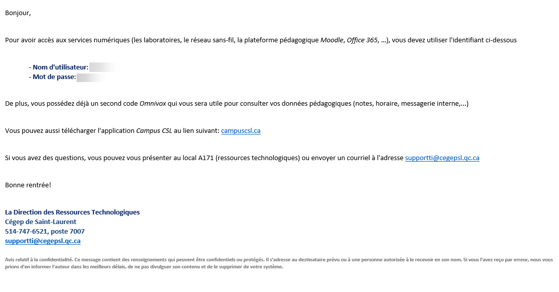 Courriel reçu du cégep avec le nom d'utilisateur et le mot de passe du compte Microsoft 365.